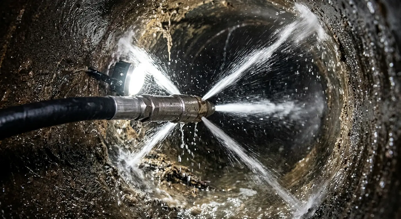 High-pressure hydro jetting nozzle cleaning sewer pipe for Sewer Line Relining in Big Lake