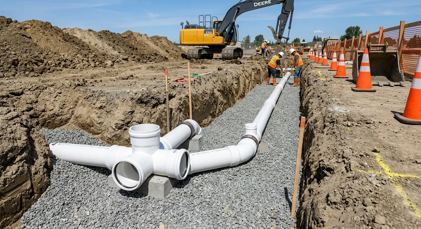 New PVC sewer pipe installation in open trench for Commercial Drain Cleaning in Big Lake