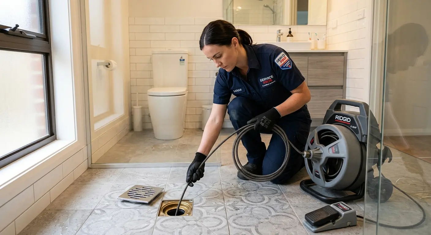 Technician clearing a bathroom floor drain for Clogged Drain Repair in Big Lake